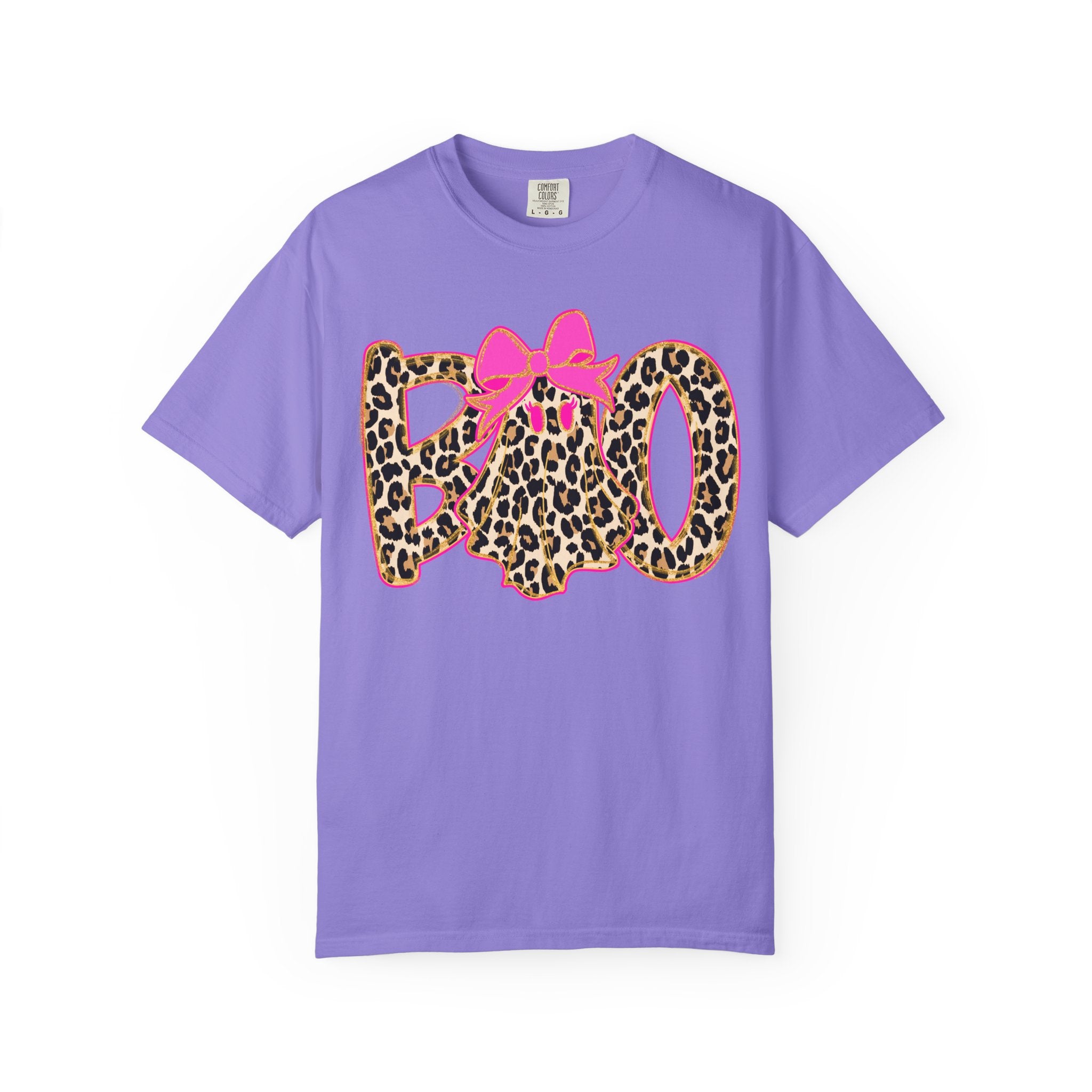 Leopard Print 'BOO' Halloween T-Shirt with Pink Bow