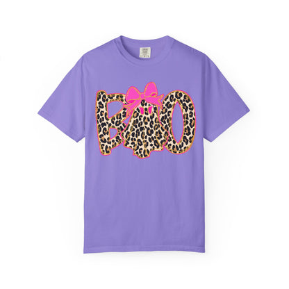 Leopard Print 'BOO' Halloween T-Shirt with Pink Bow