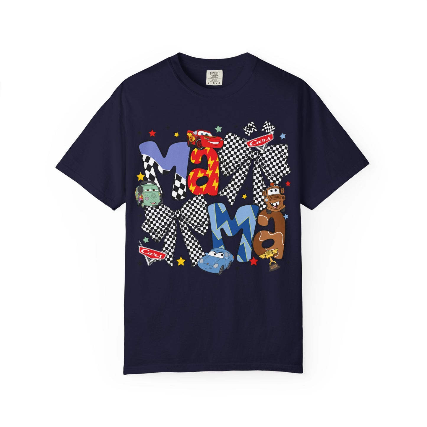 Graphic Tee — Playful 'MAMA' Cartoon Letter Shirt with Checkerboard Bows