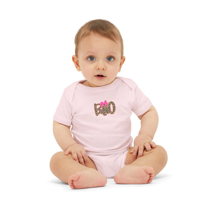 Infant One-Piece Bodysuit – Leopard 'Boo' with Pink Bow Baby Halloween Outfit