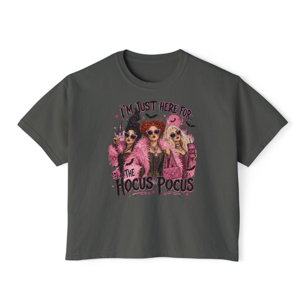 Hocus Pocus Women's Boxy Tee — "I'm Just Here for the Hocus Pocus" Halloween Shirt