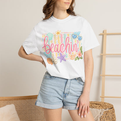 Beachin' T-Shirt — Tropical Summer Graphic Tee with Seashells & Sunglasses