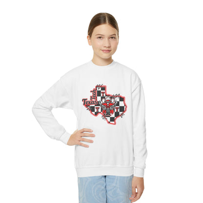 Texas Checkerboard Youth Crewneck Sweatshirt — Red & Black State Graphic