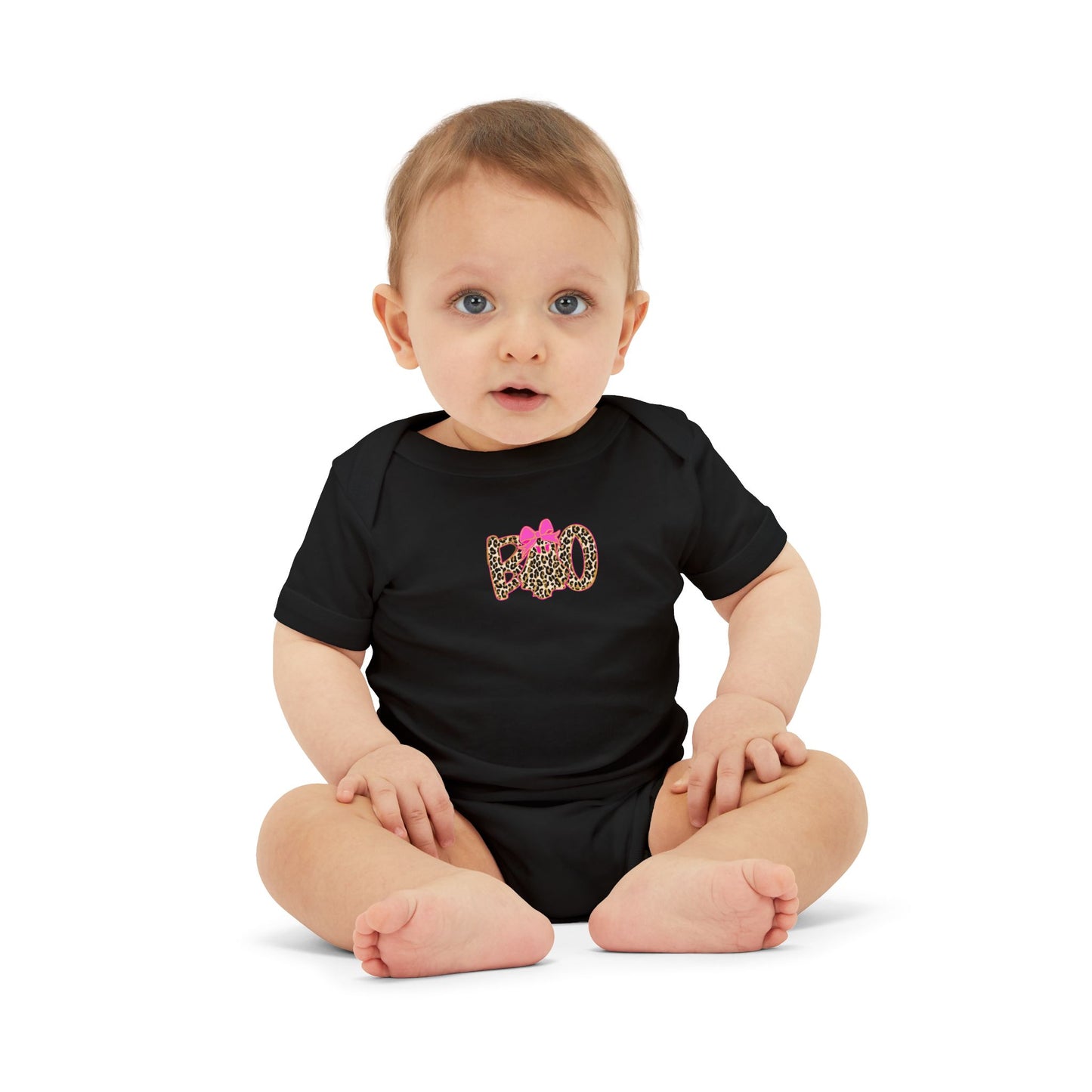 Infant One-Piece Bodysuit – Leopard 'Boo' with Pink Bow Baby Halloween Outfit