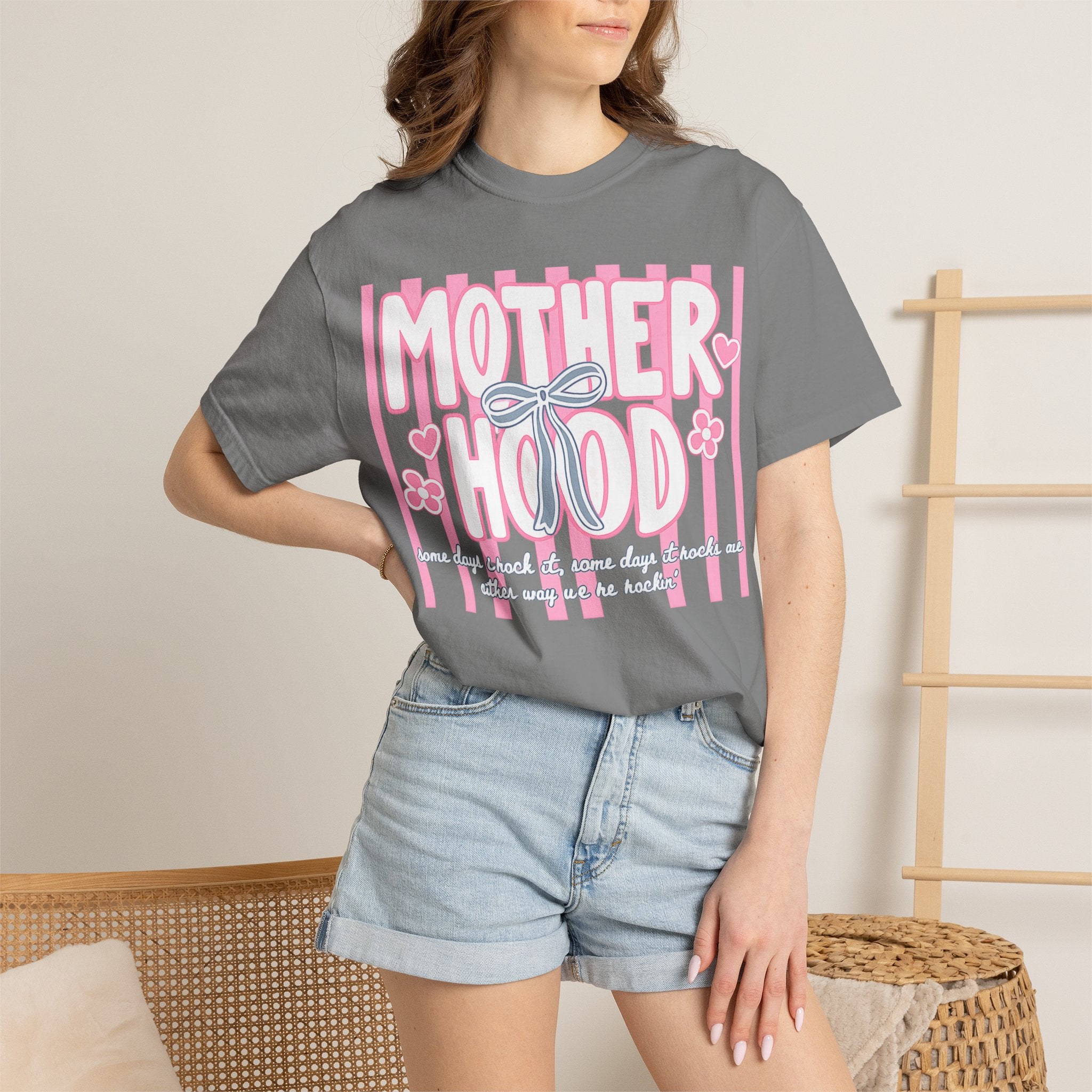 Motherhood Graphic T-Shirt — Pink Striped Mom Shirt ("MOTHERHOOD")