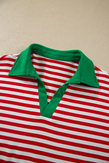 Red Stripe Colorblock Trim Polo Collar Drawstring Elastic Waist Band Casual 2pcs Outfit