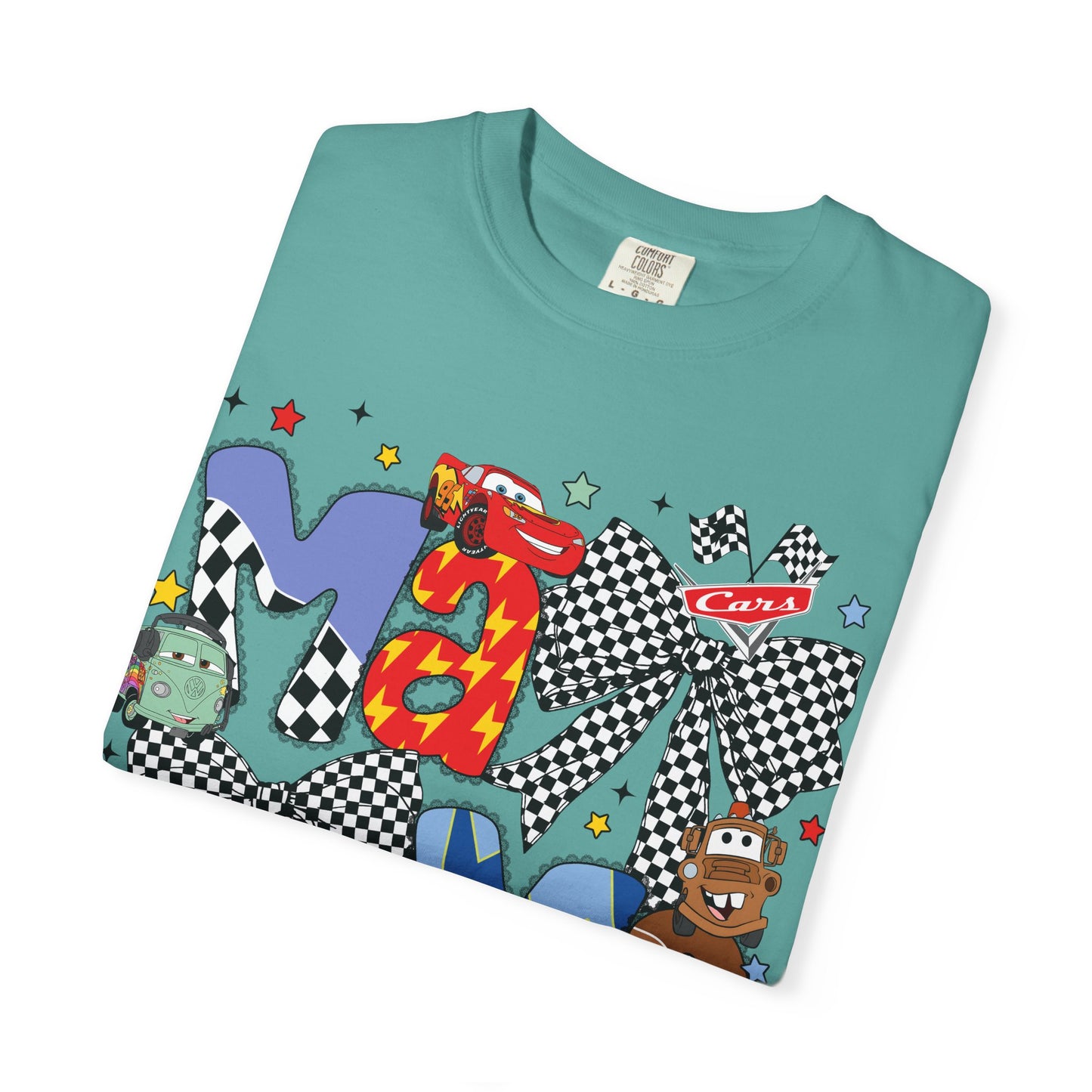 Graphic Tee — Playful 'MAMA' Cartoon Letter Shirt with Checkerboard Bows