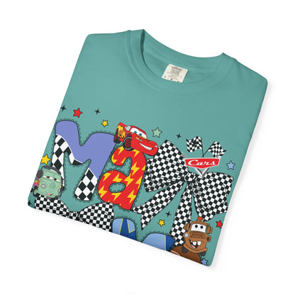Graphic Tee — Playful 'MAMA' Cartoon Letter Shirt with Checkerboard Bows