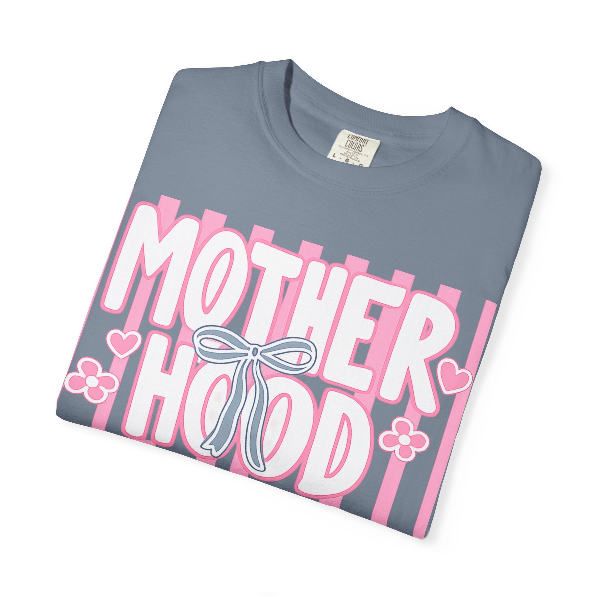 Motherhood Graphic T-Shirt — Pink Striped Mom Shirt ("MOTHERHOOD")