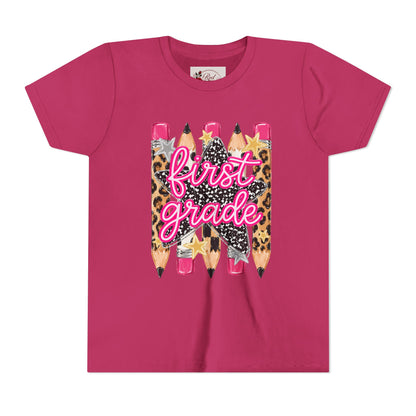 First Grade Youth Tee — Leopard Pencil Back to School Shirt