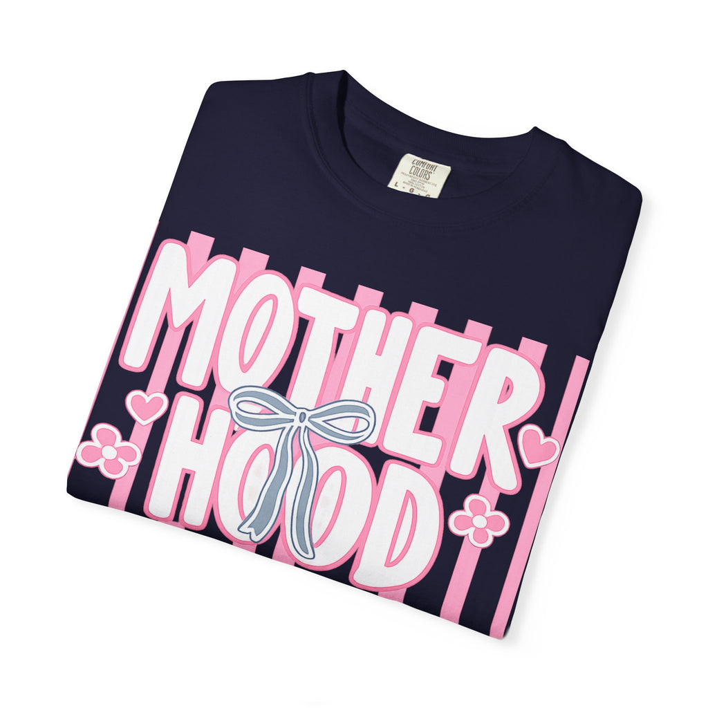 Motherhood Graphic T-Shirt — Pink Striped Mom Shirt ("MOTHERHOOD")