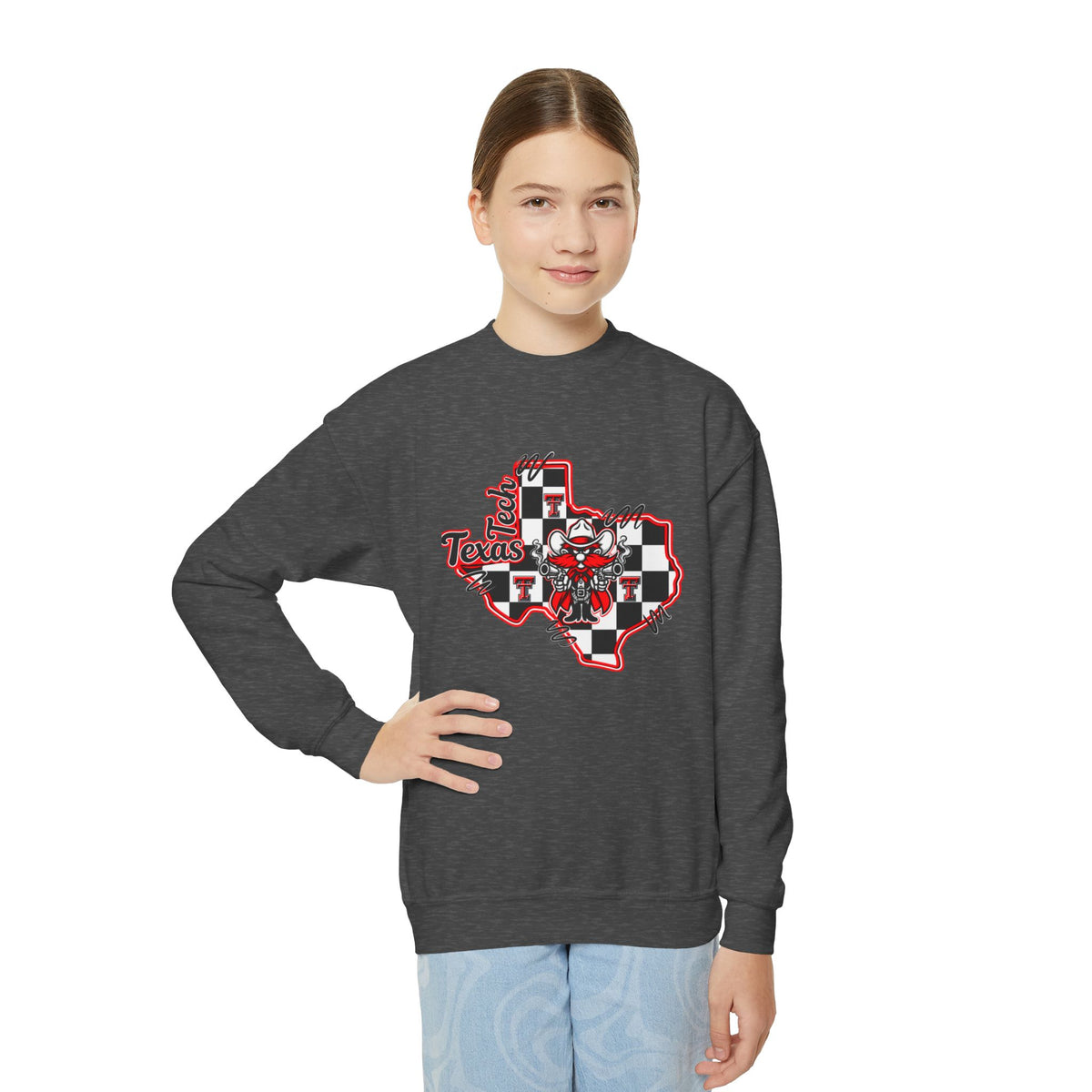 Texas Checkerboard Youth Crewneck Sweatshirt — Red & Black State Graphic
