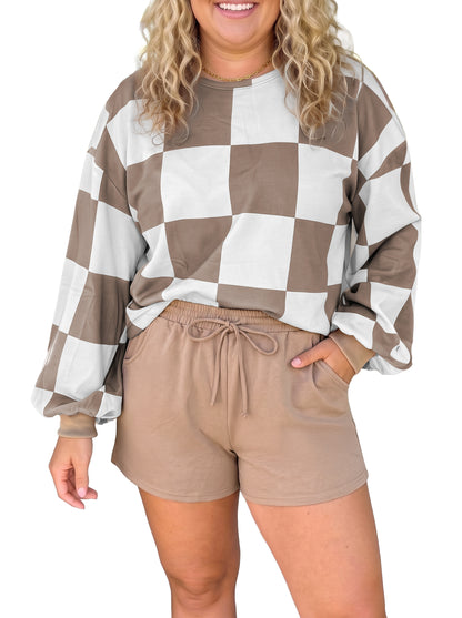 Khaki Checkered Contrast Long Sleeve Top Solid Shorts Plus Size 2pcs Set
