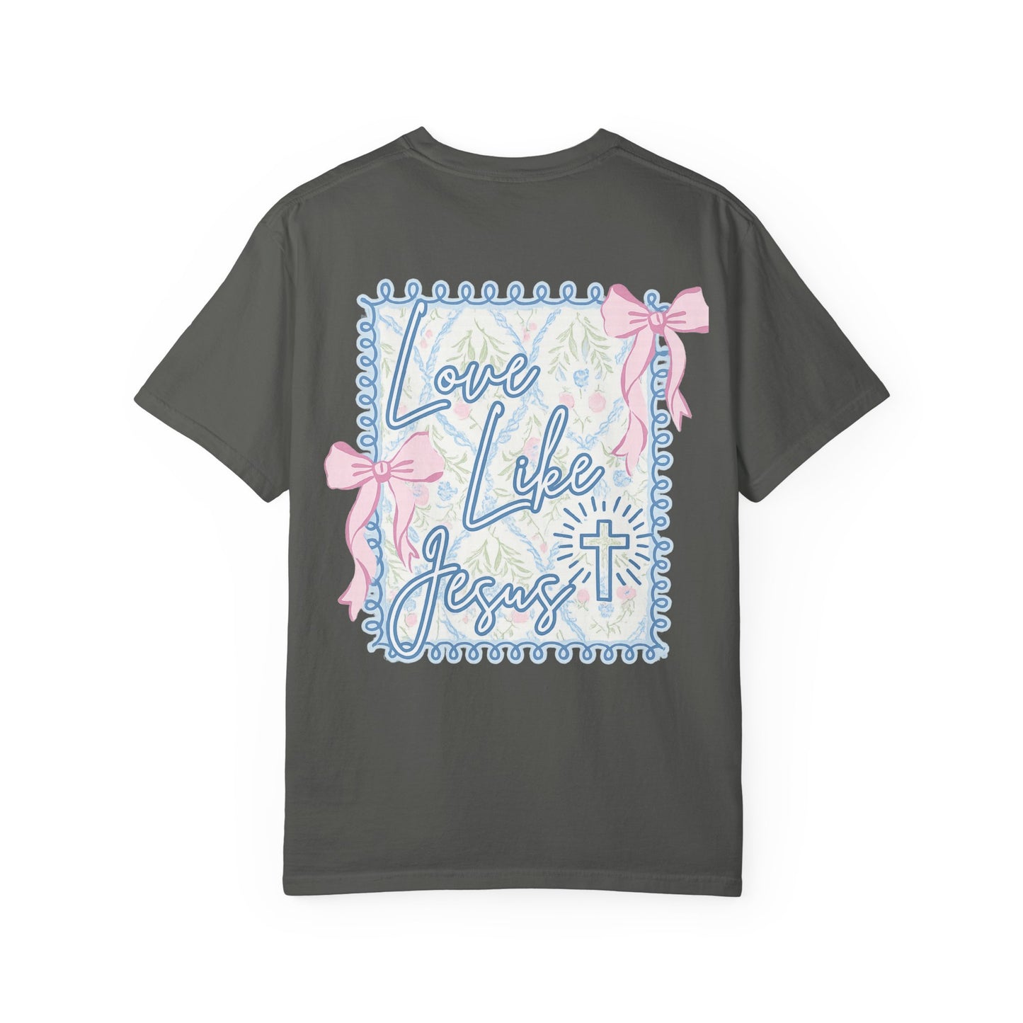 T-shirt — "Love Like Jesus" Pastel Cross & Bow Graphic