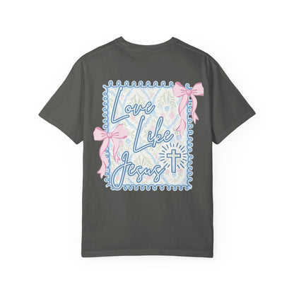 T-shirt — "Love Like Jesus" Pastel Cross & Bow Graphic