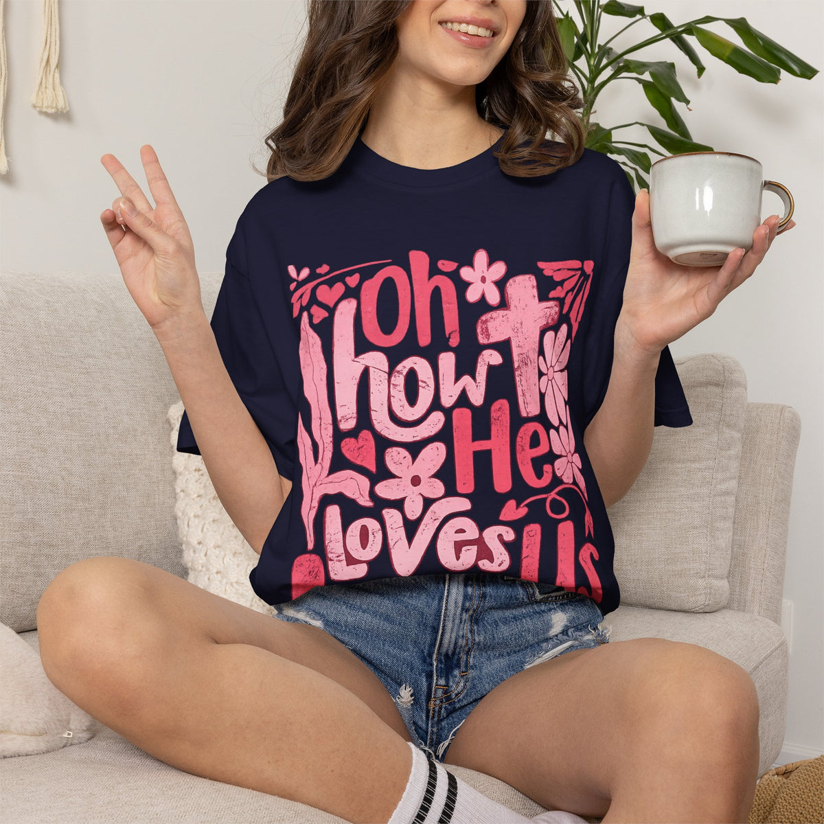 Oh How He Loves Us T-Shirt — Pink Floral Christian Tee (Ephesians 2:4-8)
