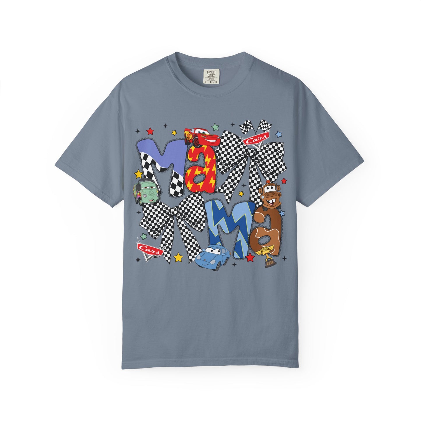 Graphic Tee — Playful 'MAMA' Cartoon Letter Shirt with Checkerboard Bows