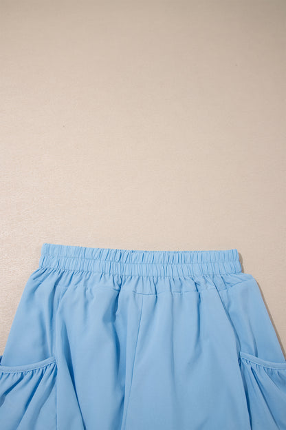 Dark Blue Ribbed Slim Tank Pocketed Wide Leg Shorts Set