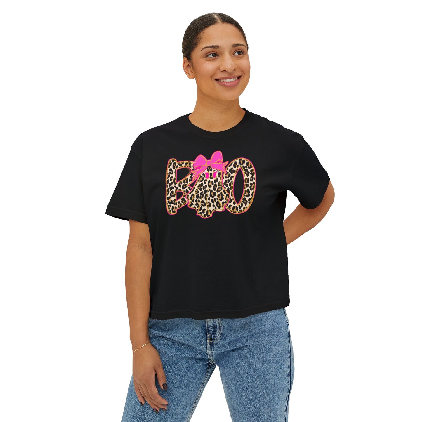 Leopard 'Boo' Halloween Women's Boxy Tee — Cute Pink Bow Spooky Graphic Shirt