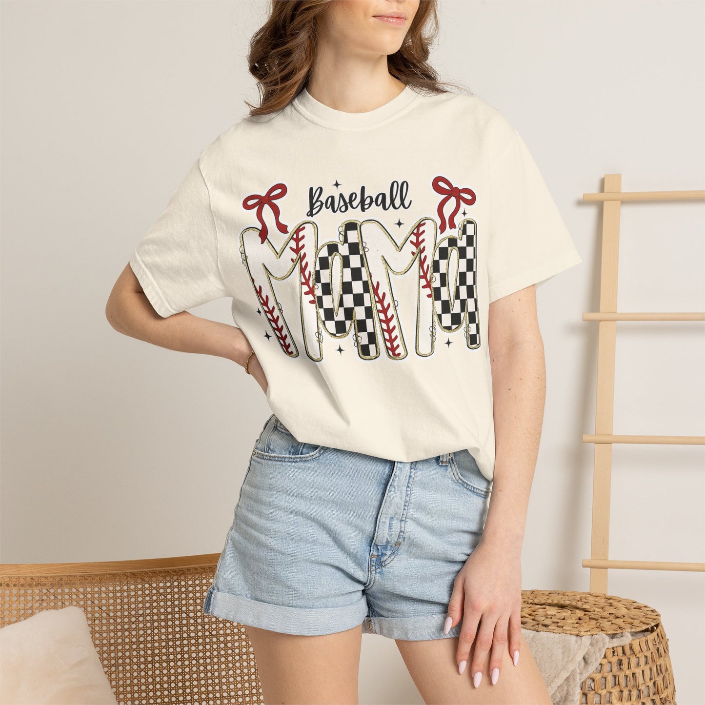 Baseball Mom T-Shirt — Vintage Checker & Stitch Graphic
