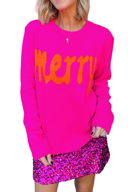 Bright Green Merry Print Ribbed Trim Round Neck Loose Fit Sweater