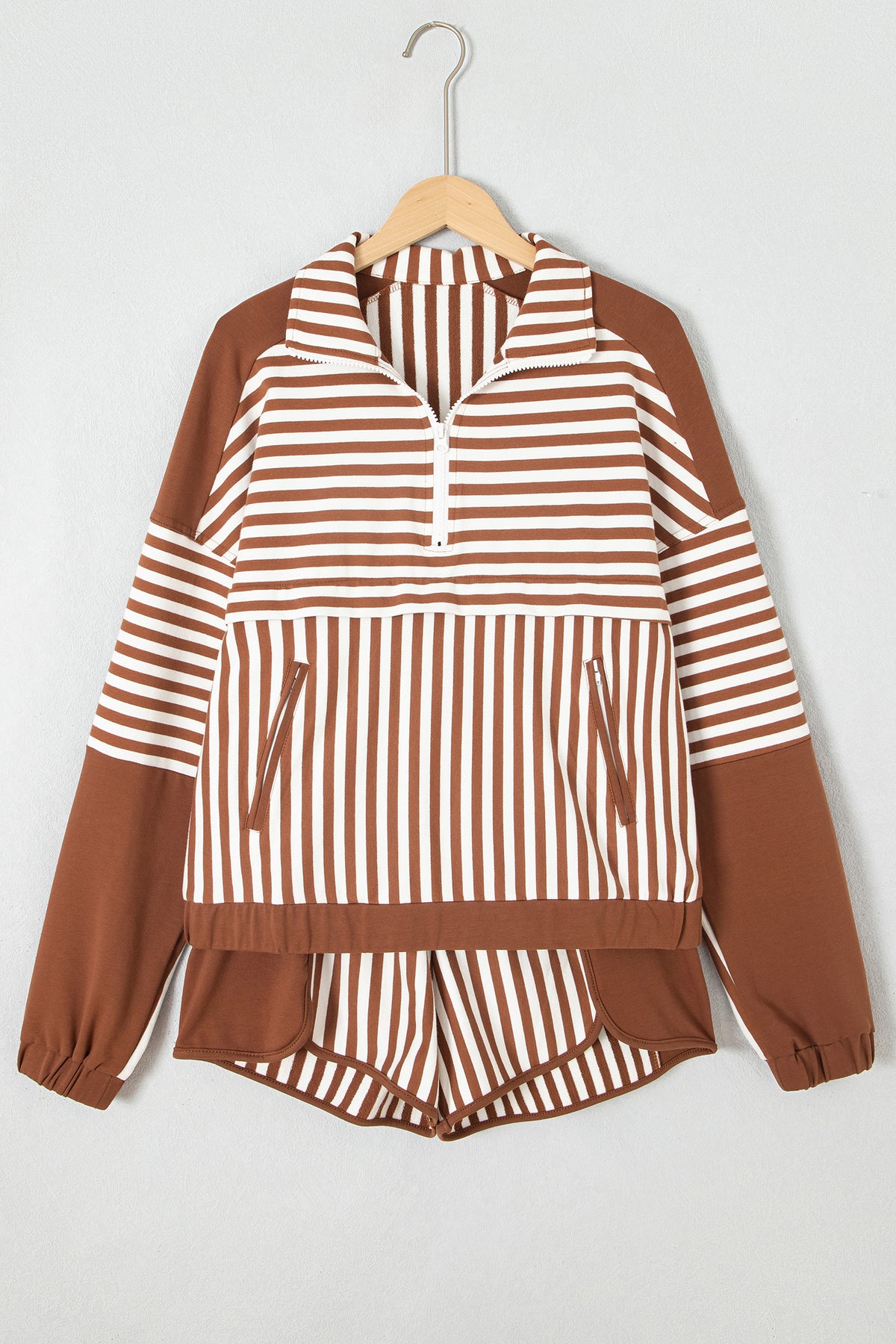 Brown Stripe Color Block Patchwork Quarter Zip Pullover Sporty Shorts Set