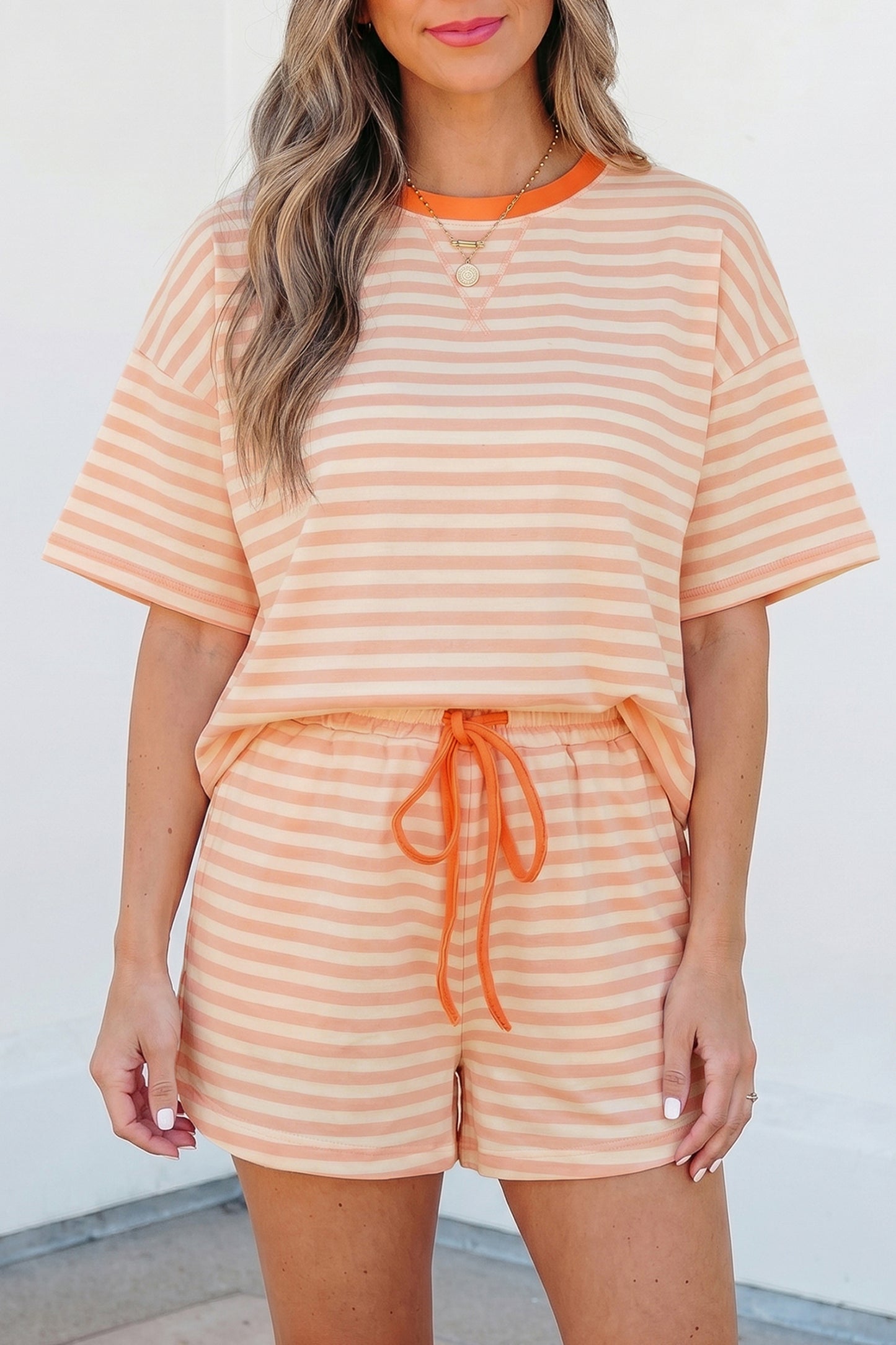 Sky Blue Stripe Contrast Neck Loose Tee and Drawstring Shorts Set