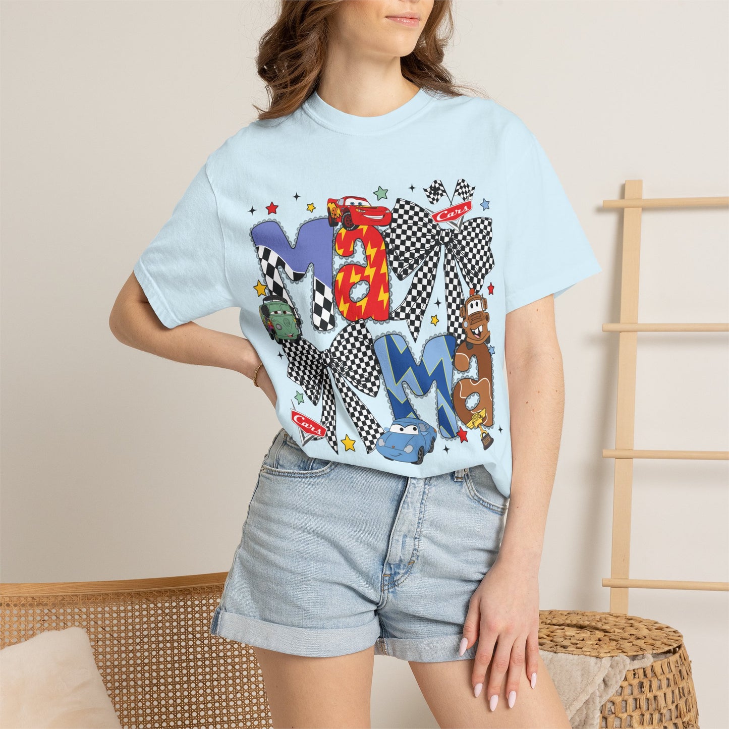 Graphic Tee — Playful 'MAMA' Cartoon Letter Shirt with Checkerboard Bows