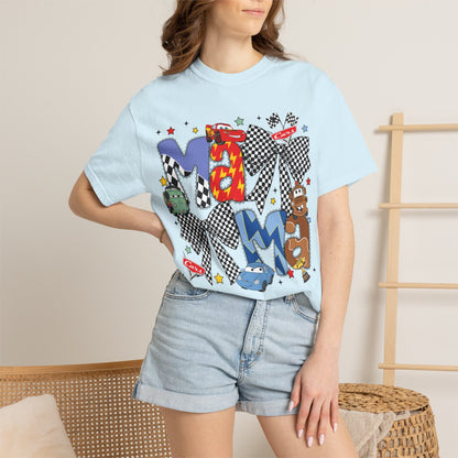 Graphic Tee — Playful 'MAMA' Cartoon Letter Shirt with Checkerboard Bows