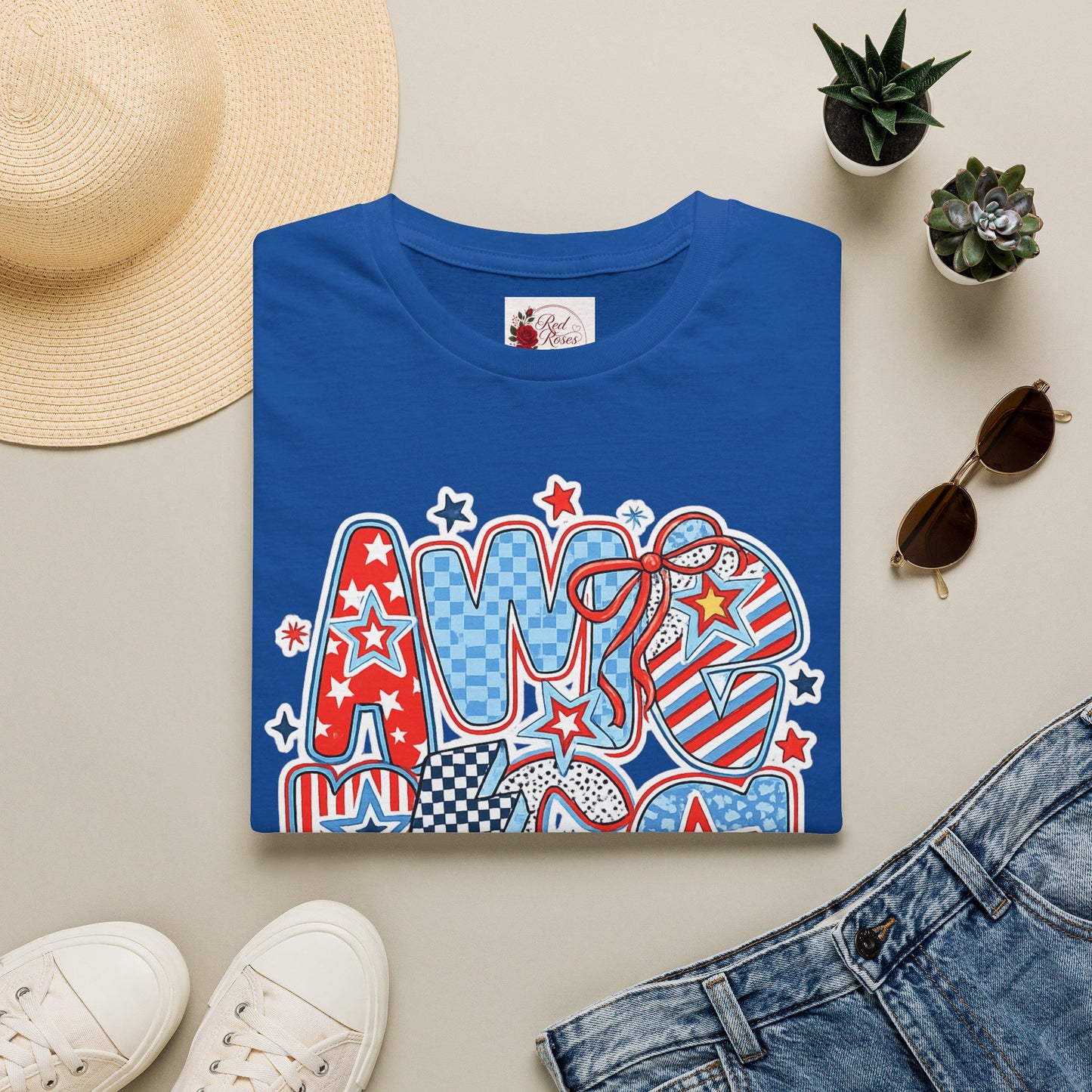 Patriotic AMERICA Graphic T-Shirt — Red White Blue Stars & Stripes Tee