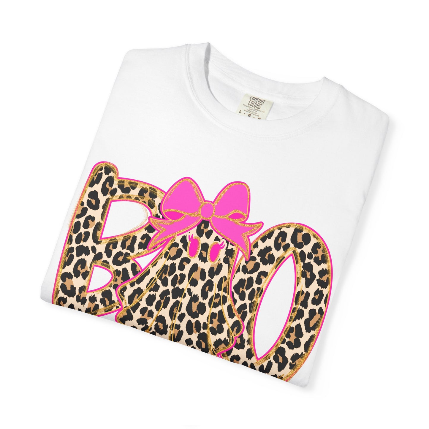 Leopard Print 'BOO' Halloween T-Shirt with Pink Bow