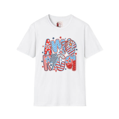 Patriotic AMERICA Graphic T-Shirt — Red White Blue Stars & Stripes Tee