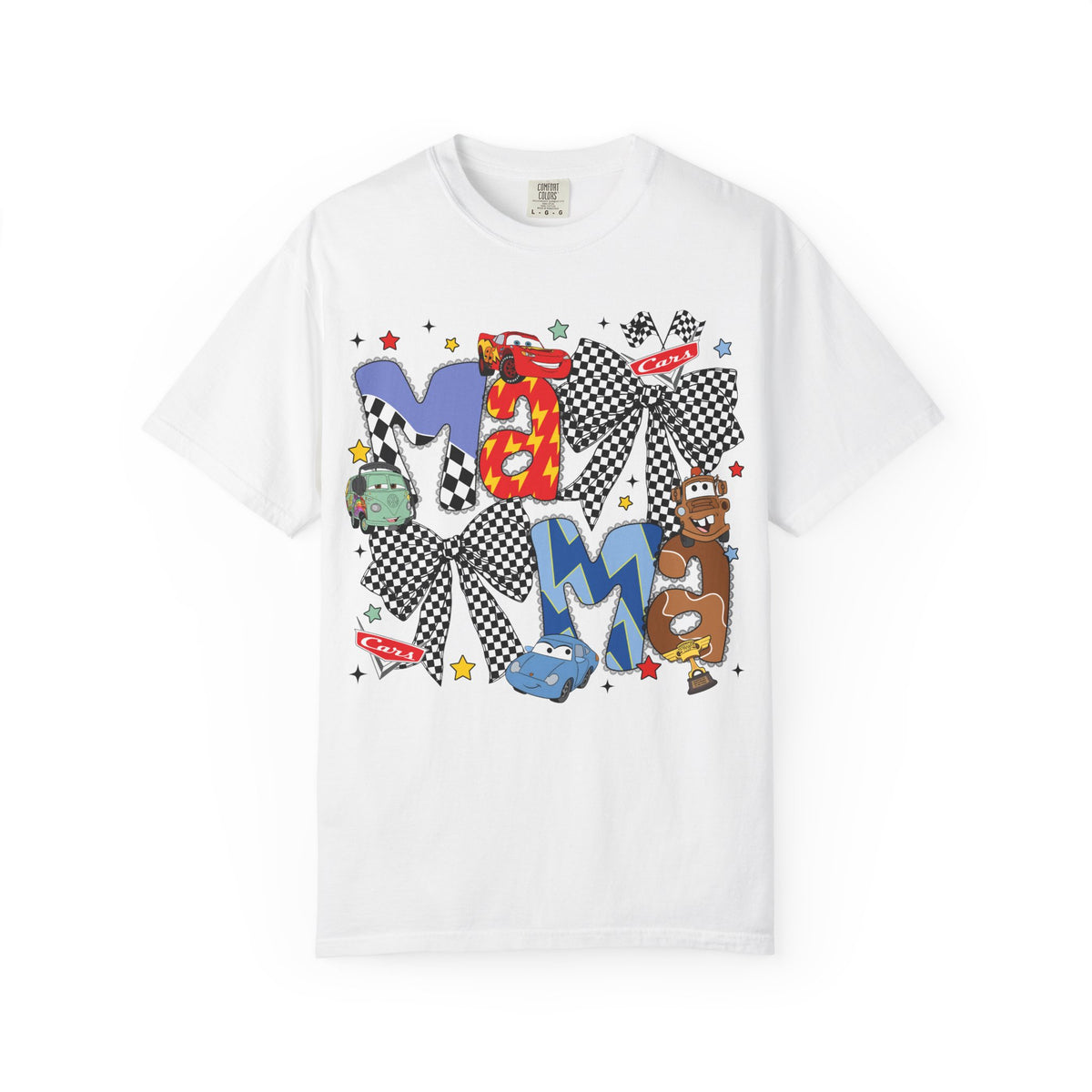 Graphic Tee — Playful 'MAMA' Cartoon Letter Shirt with Checkerboard Bows