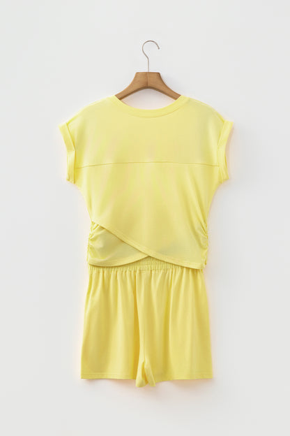 Mist Blue Solid Short Sleeve Elastic Waist Pocket Casual Two Piece Short Set