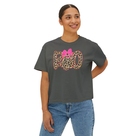 Leopard 'Boo' Halloween Women's Boxy Tee — Cute Pink Bow Spooky Graphic Shirt