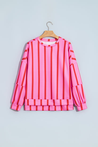Pink Stripe Dropped Shoulder Round Neck Casual Sweatshirt