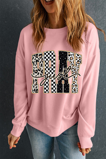 Pink Just PRAY Unique Letter Graphic Round Neck Pullover Sweatshirt