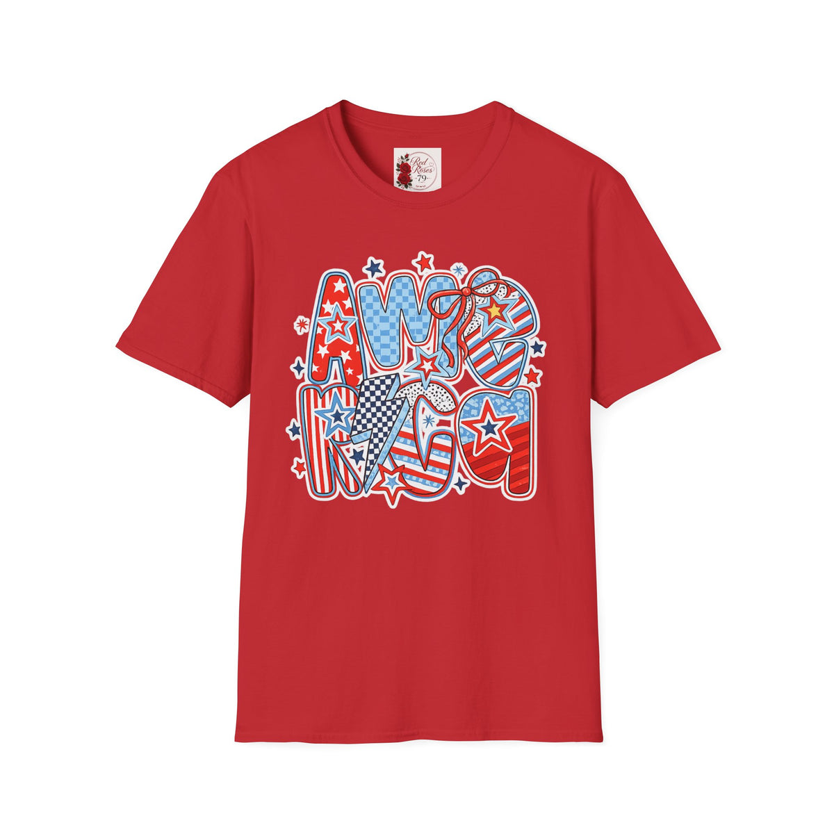 Patriotic AMERICA Graphic T-Shirt — Red White Blue Stars & Stripes Tee
