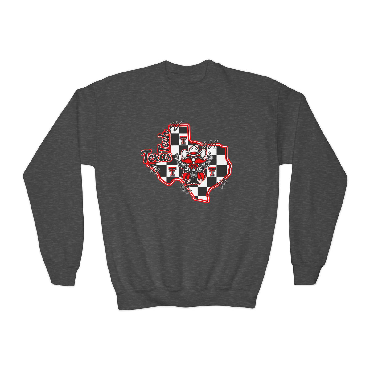 Texas Checkerboard Youth Crewneck Sweatshirt — Red & Black State Graphic