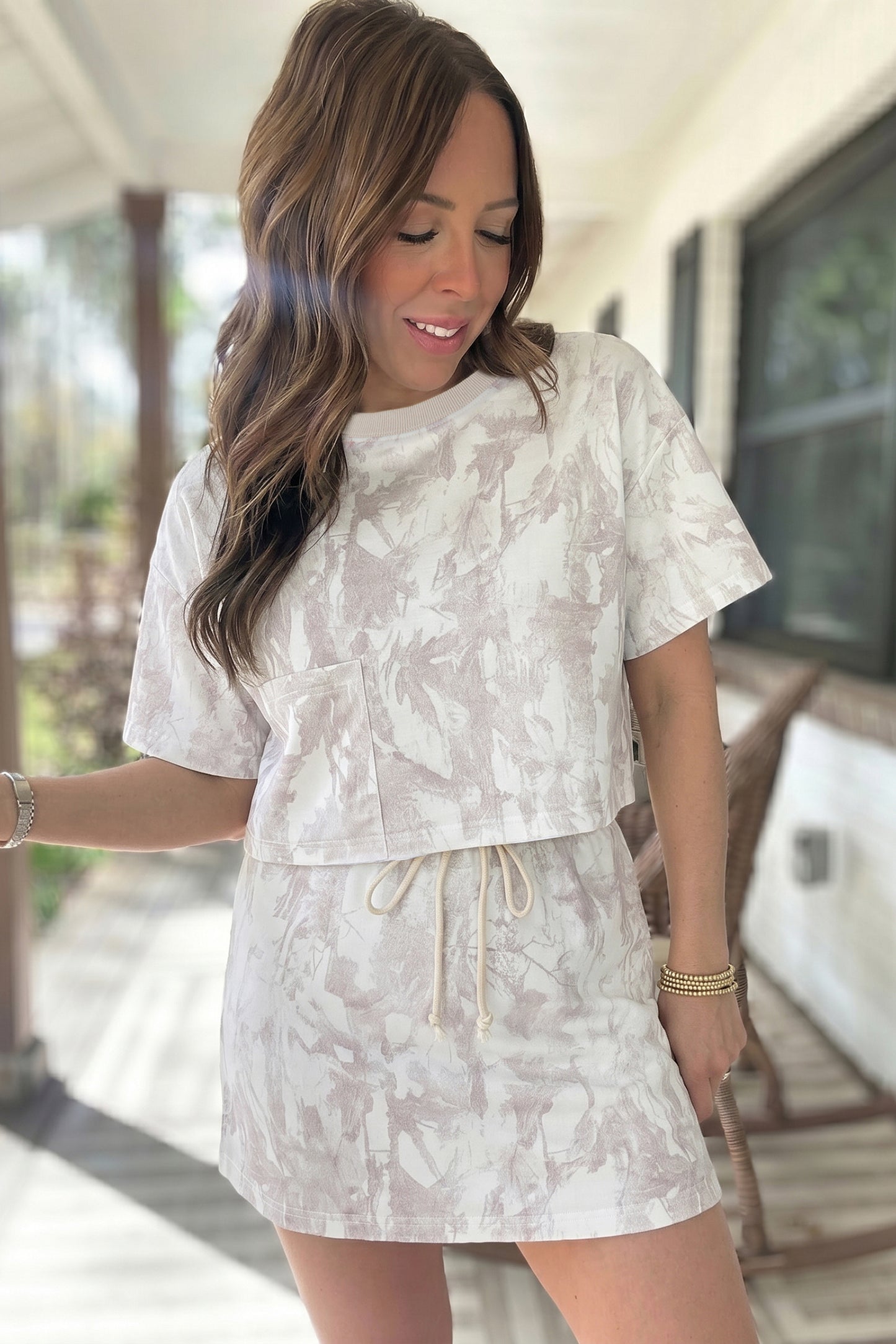 Gray Woodland Camo Print Raw Edge Cropped Top Skirt Set