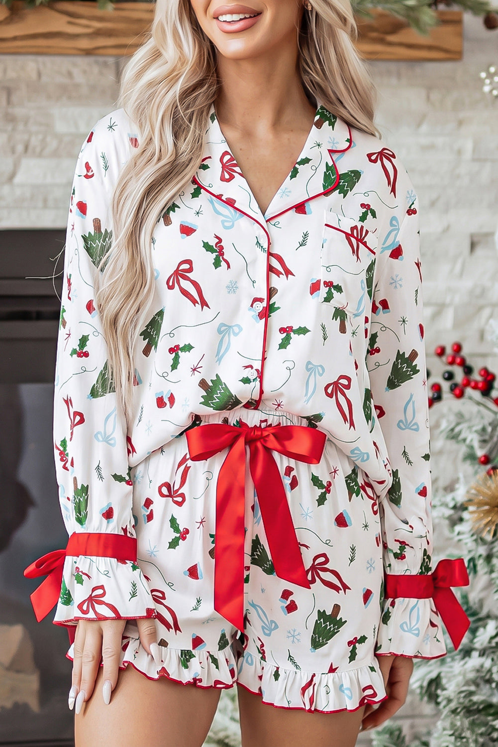 White Christmas Print Ruffle Cuff Lounge Set