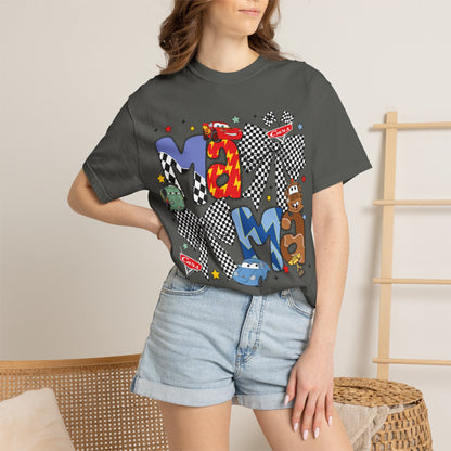 Graphic Tee — Playful 'MAMA' Cartoon Letter Shirt with Checkerboard Bows