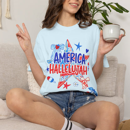 America Hallelujah T-Shirt — Patriotic 4th of July Tee with Red, White & Blue Stars