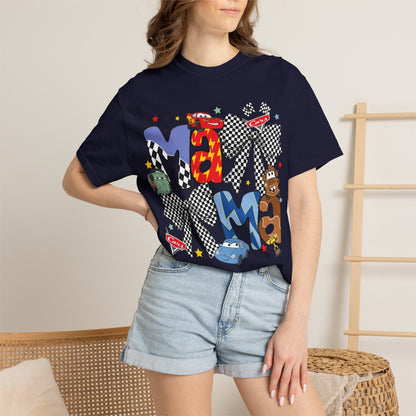 Graphic Tee — Playful 'MAMA' Cartoon Letter Shirt with Checkerboard Bows