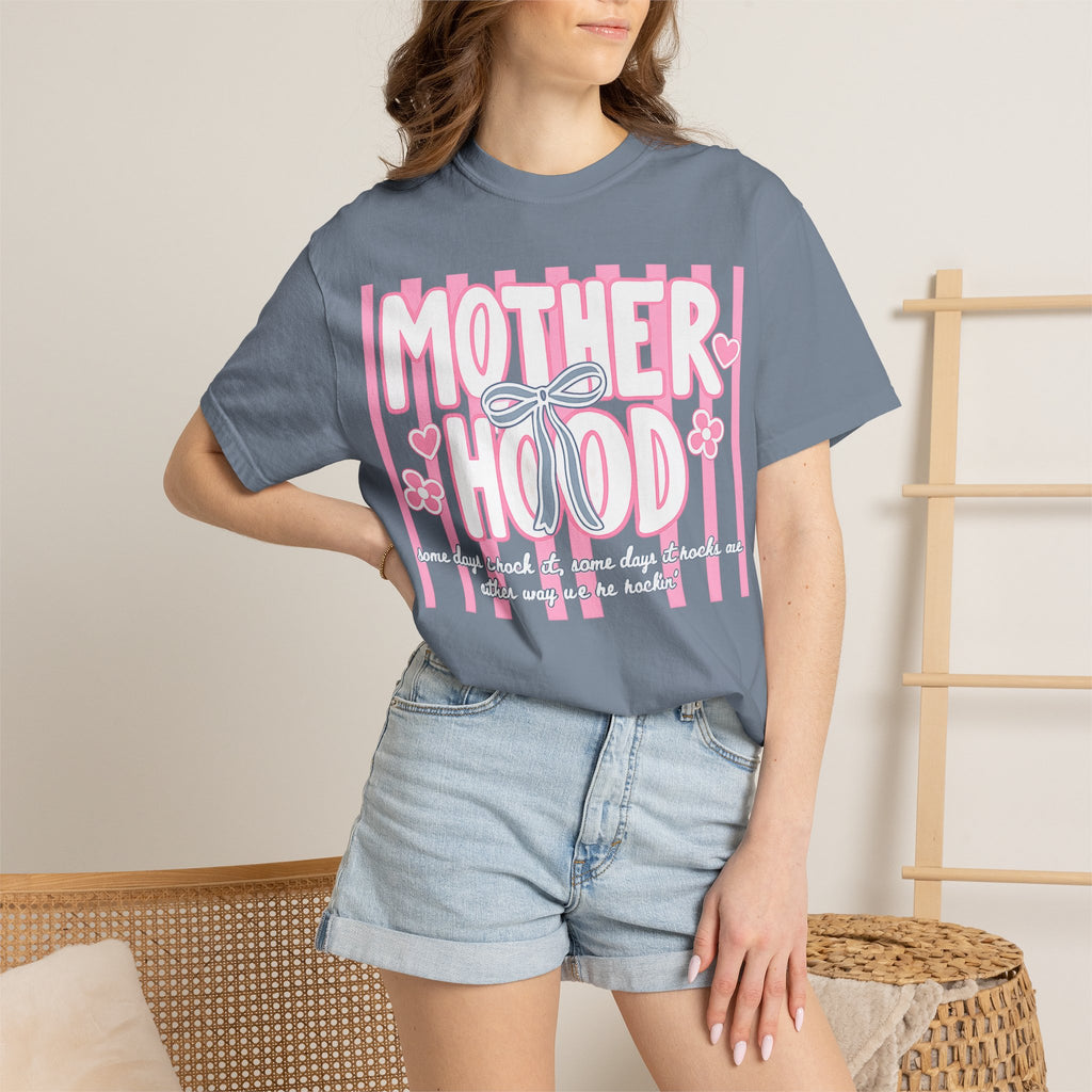 Motherhood Graphic T-Shirt — Pink Striped Mom Shirt ("MOTHERHOOD")