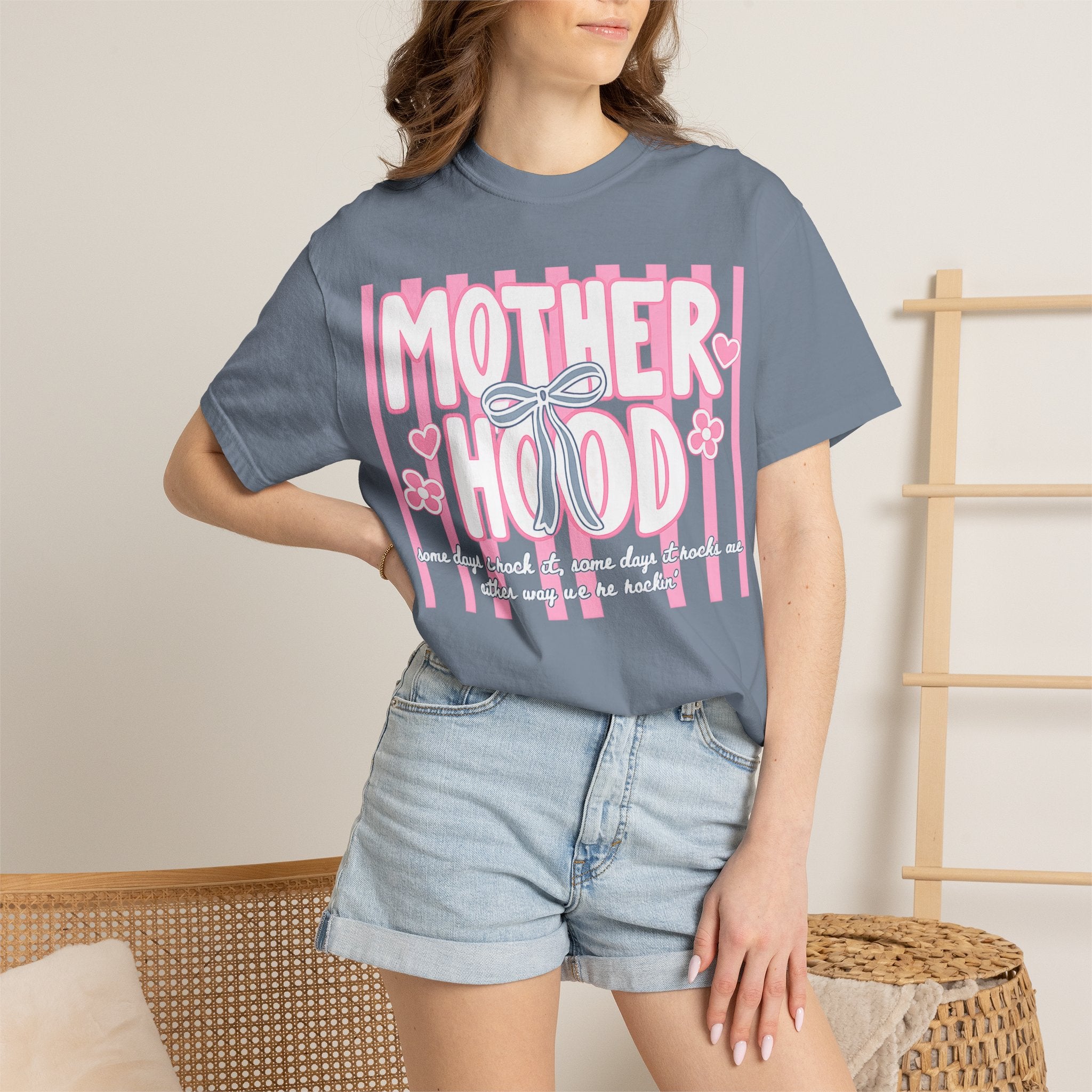 Motherhood Graphic T-Shirt — Pink Striped Mom Shirt ("MOTHERHOOD")