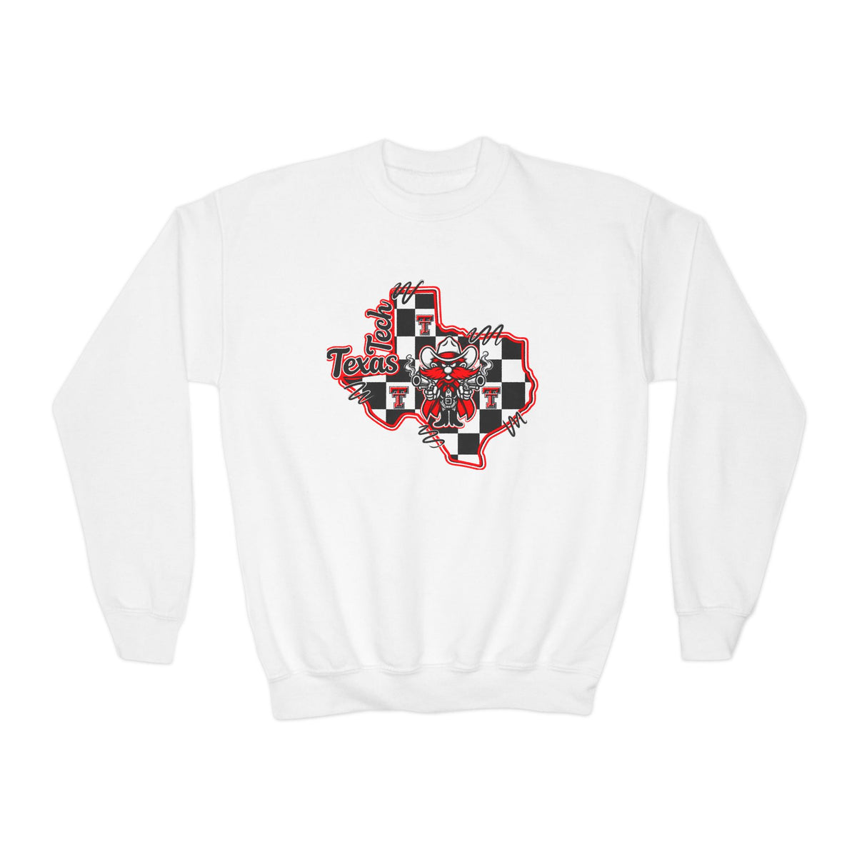 Texas Checkerboard Youth Crewneck Sweatshirt — Red & Black State Graphic