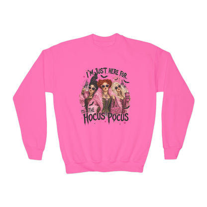 Hocus Pocus Youth Sweatshirt – "I’m Just Here for the Hocus Pocus" Halloween Crewneck