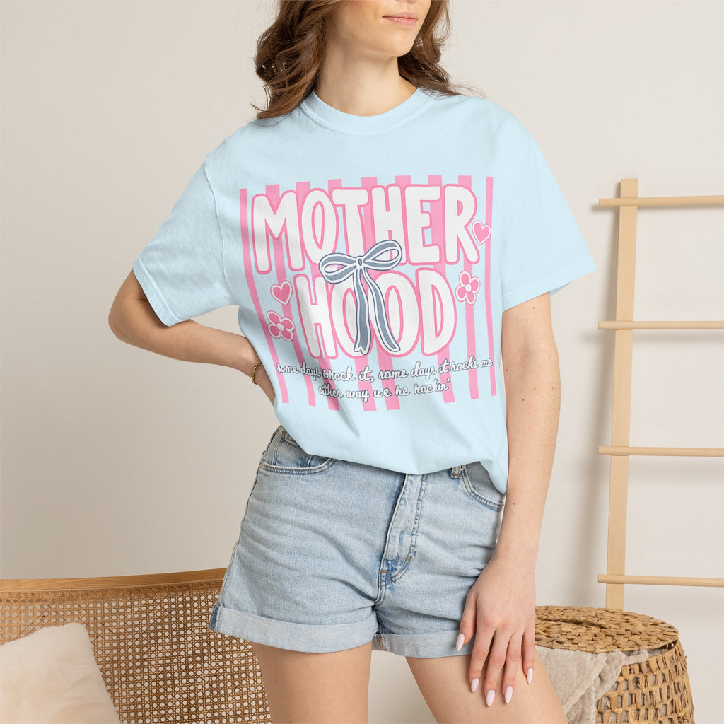 Motherhood Graphic T-Shirt — Pink Striped Mom Shirt ("MOTHERHOOD")