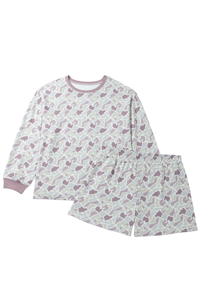 Green Camouflage Print Waffle Textured Pullover and Shorts Plus Size 2pcs Set